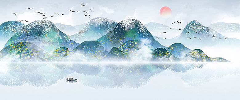 新中式渐变鎏金水墨山水装饰画
