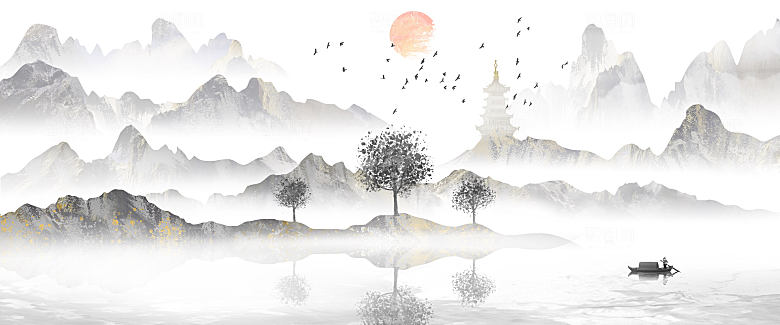 新中式渐变鎏金水墨山水飞鸟装饰画