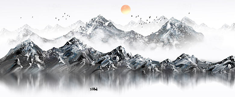 新中式渐变鎏金水墨山水装饰画