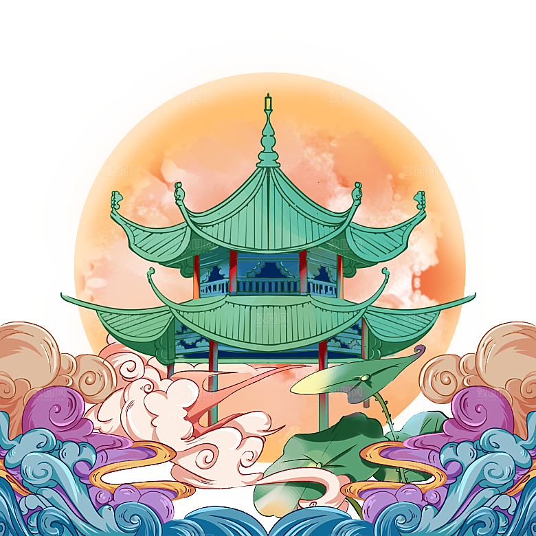 国潮风中秋节手绘装饰元素