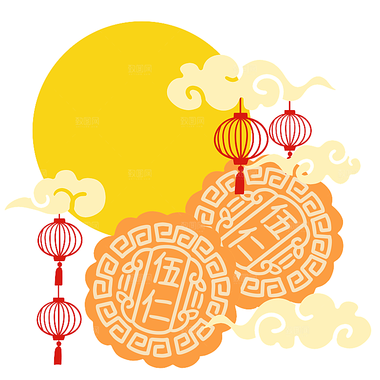 国潮风中秋节手绘装饰元素