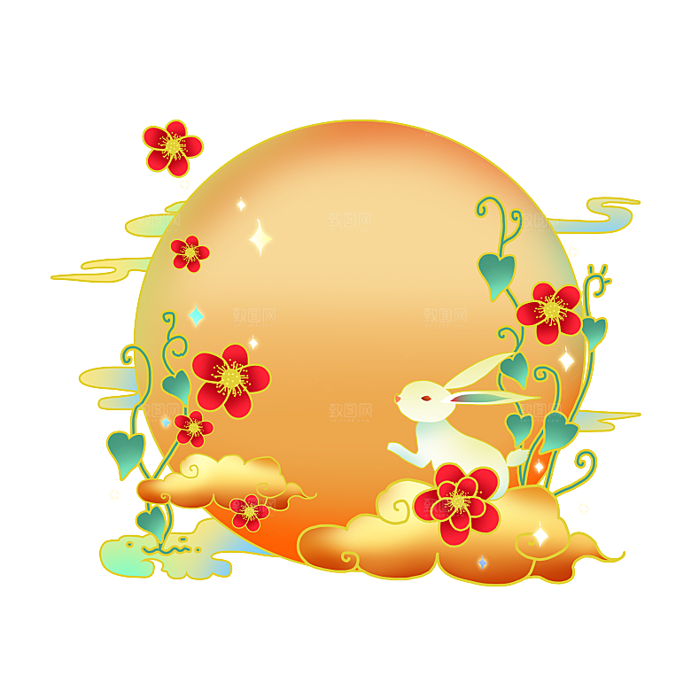 国潮风中秋节手绘装饰元素