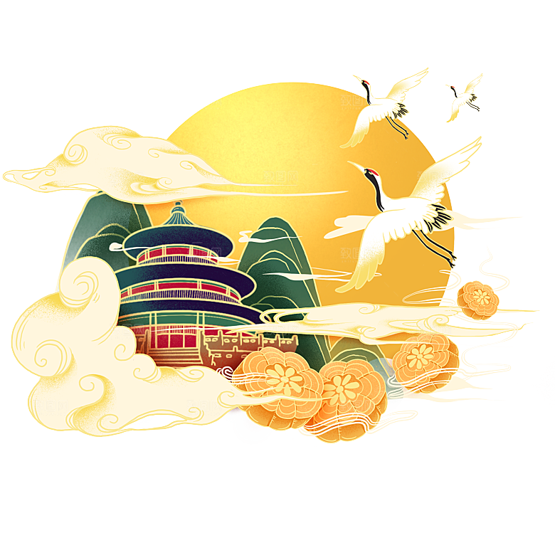 国潮风中秋节手绘装饰元素