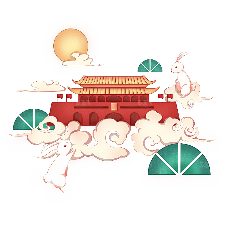 国潮风中秋节手绘装饰元素