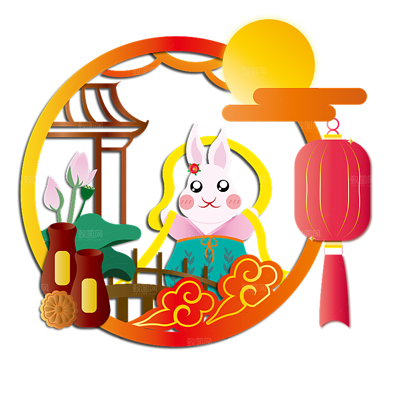 国潮风中秋节手绘装饰元素