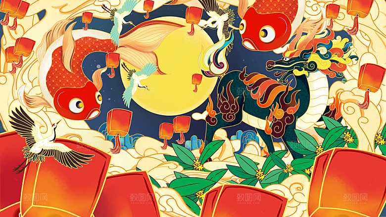 国潮风插画手绘中秋节海报