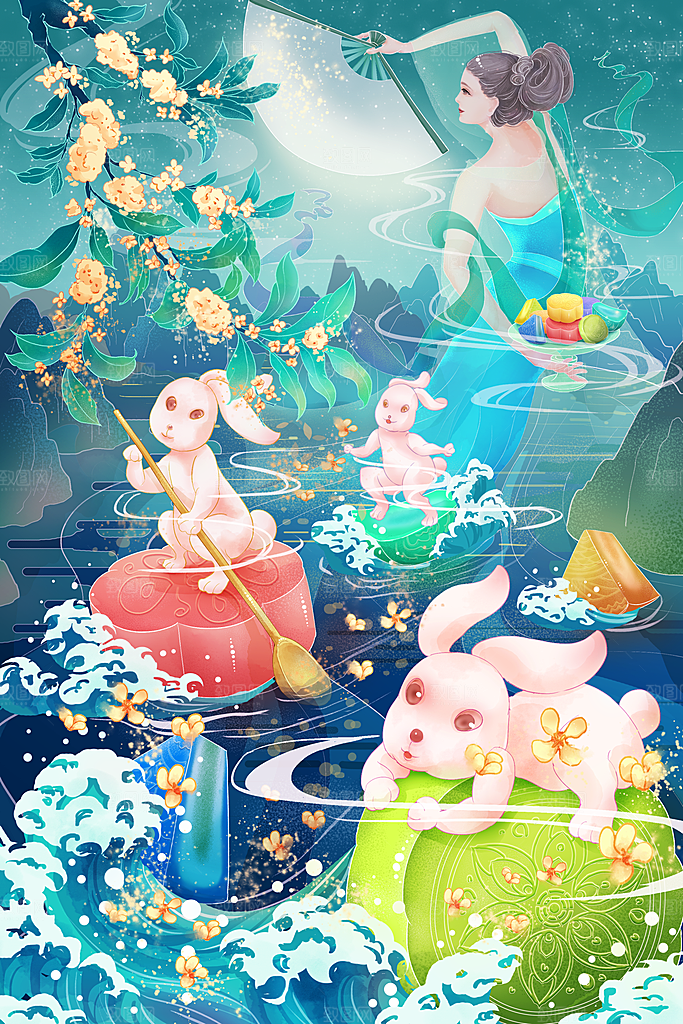 国潮风插画手绘中秋节海报