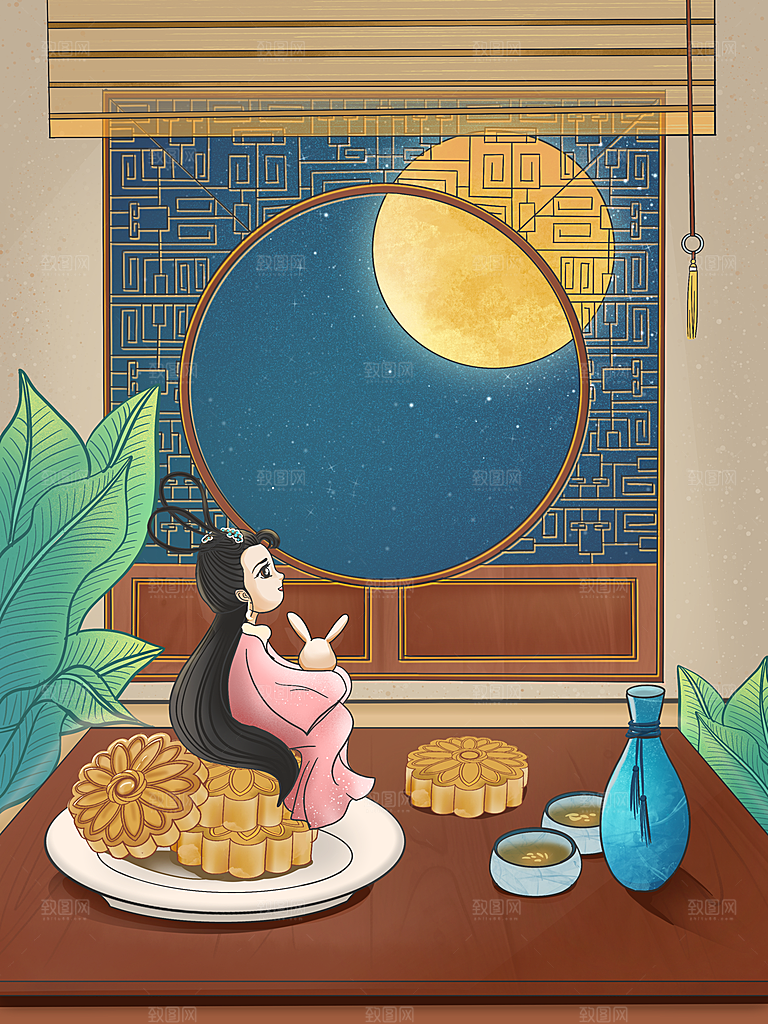 国潮风插画手绘中秋节海报