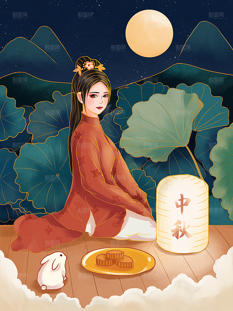 国潮风插画手绘中秋节海报