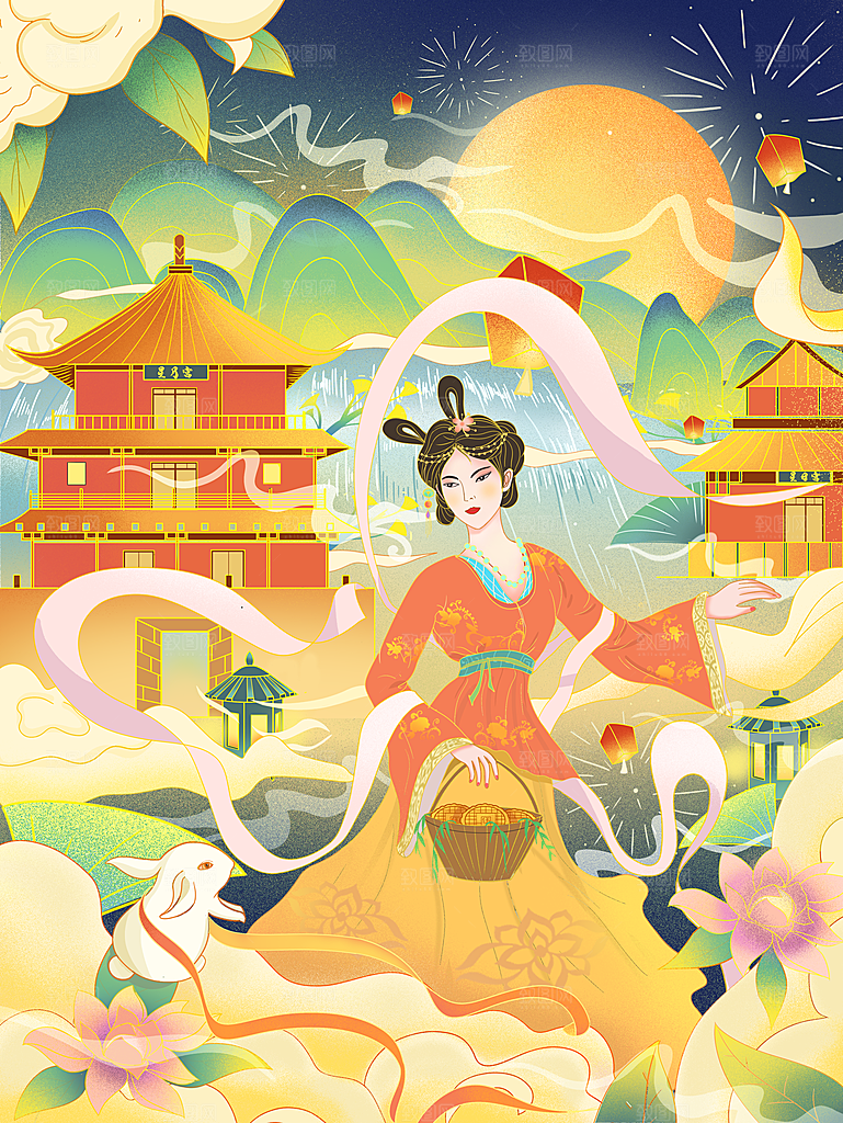 国潮风插画手绘中秋节海报