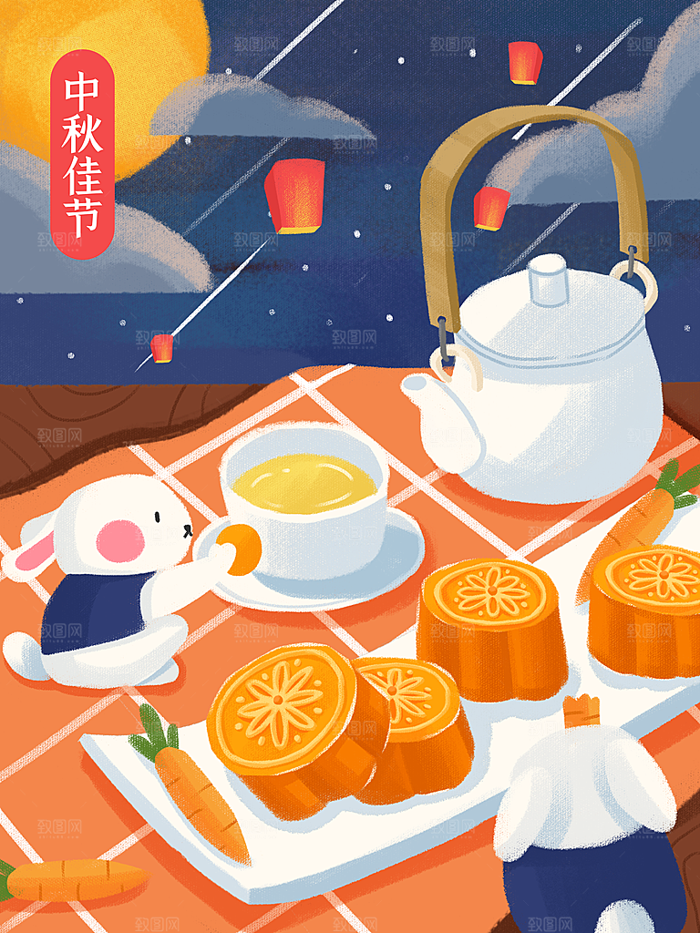 国潮风插画手绘中秋节
