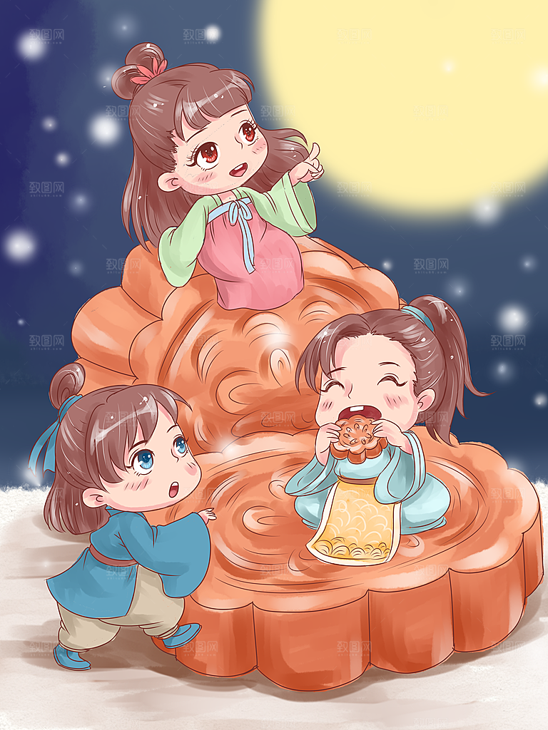 国潮风插画手绘中秋节