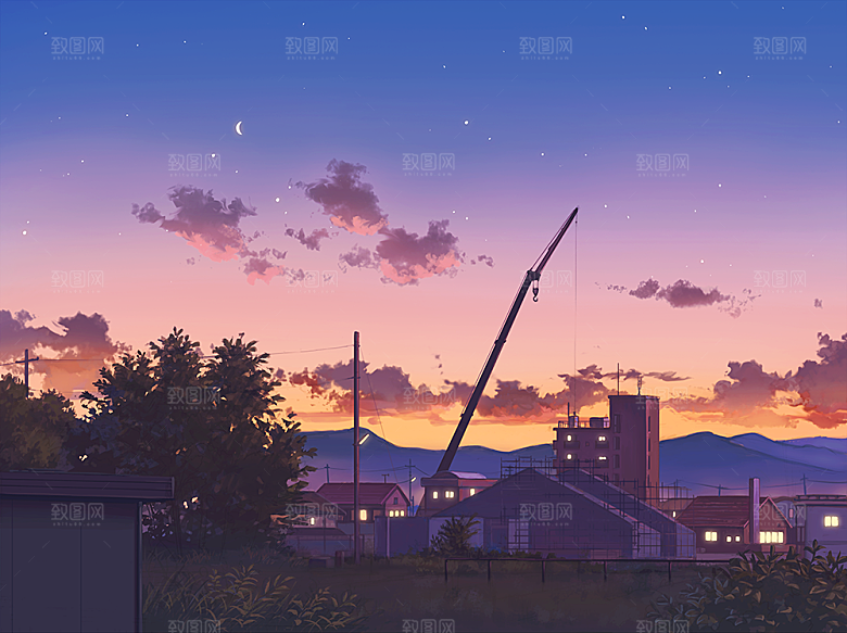 手绘风格风景晚霞插画图片