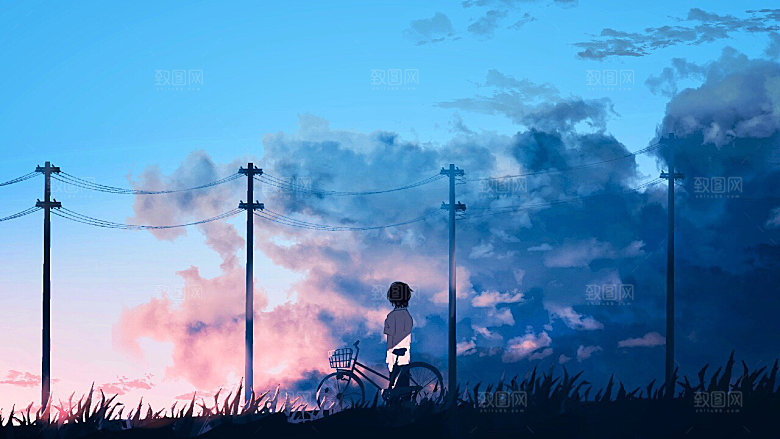 手绘风格风景晚霞插画图片