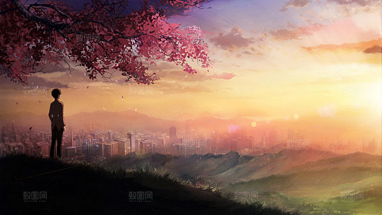 手绘风格风景晚霞插画图片