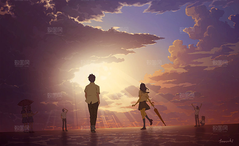 手绘风格风景晚霞插画图片