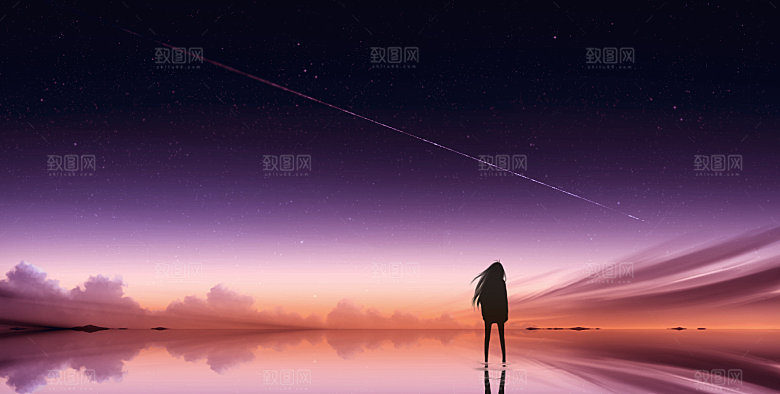 手绘风格风景晚霞插画图片