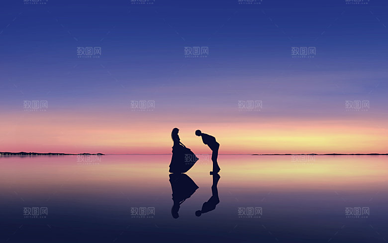 手绘风格风景晚霞插画图片
