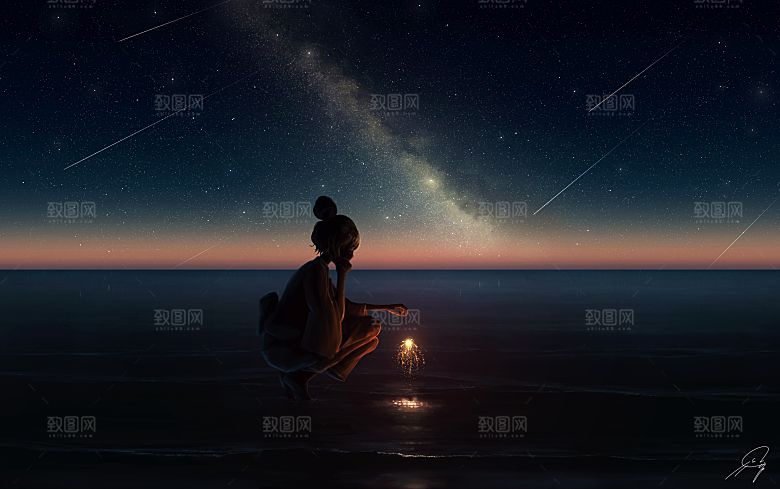 手绘风格风景晚霞插画图片