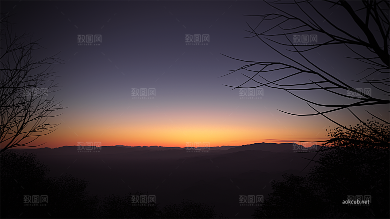 手绘风格风景晚霞插画图片