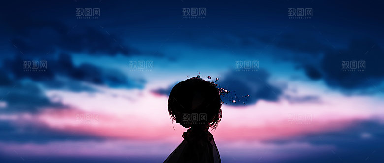 手绘风格风景晚霞插画图片