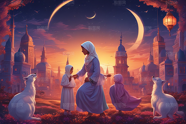 母女俩在夕阳下的阿拉伯城市中图片