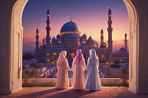 母女俩在夕阳下的阿拉伯城市中图片