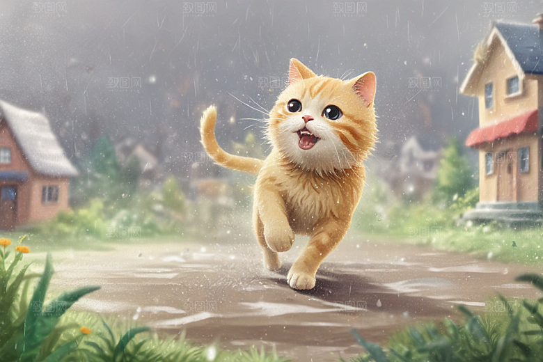 奔跑的猫咪：雨后小镇的快乐瞬间图片