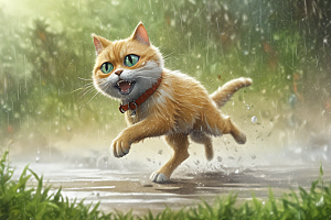 奔跑的猫咪：雨后小镇的快乐瞬间图片