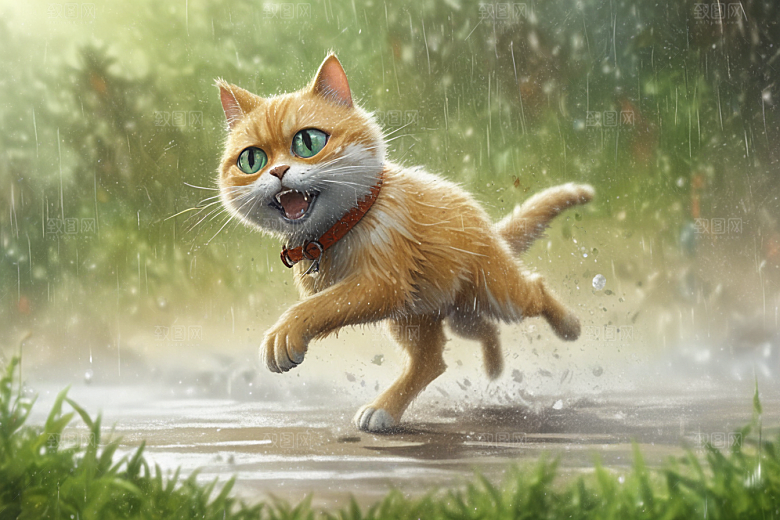 奔跑的猫咪：雨后小镇的快乐瞬间图片