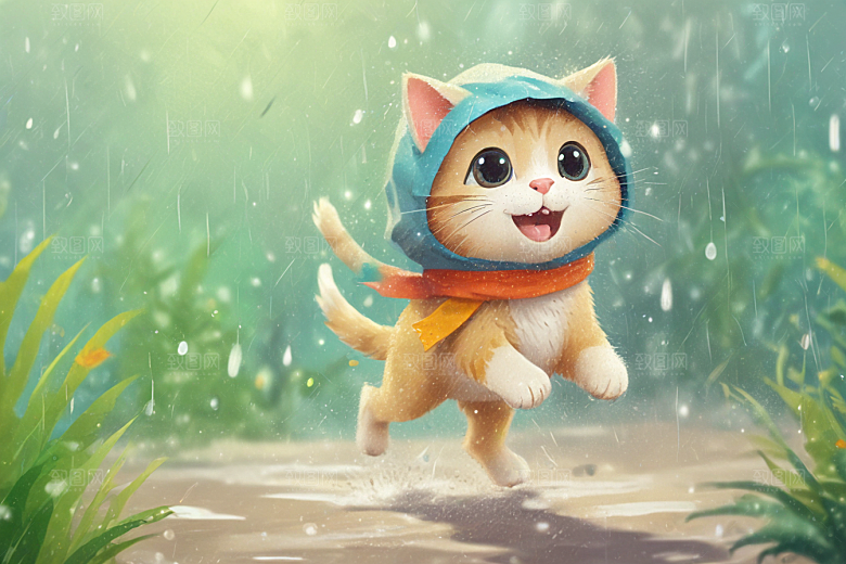 奔跑的猫咪：雨后小镇的快乐瞬间图片