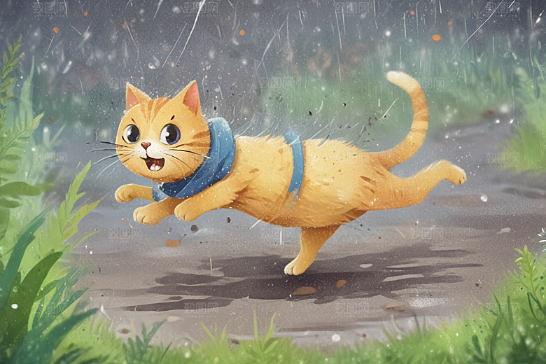 奔跑的猫咪：雨后小镇的快乐瞬间图片