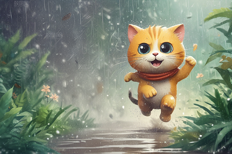 奔跑的猫咪：雨后小镇的快乐瞬间图片