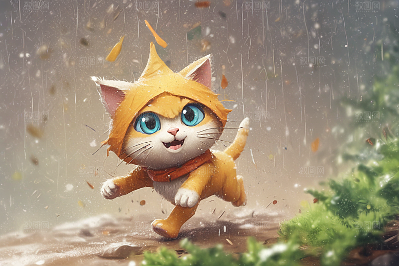 奔跑的猫咪：雨后小镇的快乐瞬间图片