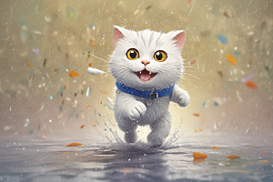 奔跑的猫咪：雨后小镇的快乐瞬间图片