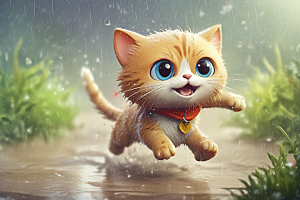 奔跑的猫咪：雨后小镇的快乐瞬间图片