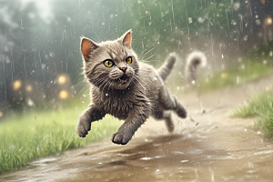 奔跑的猫咪：雨后小镇的快乐瞬间图片