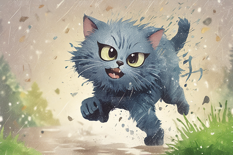 奔跑的猫咪：雨后小镇的快乐瞬间图片