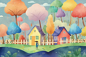 梦幻蘑菇村：彩色房子与伞树的奇妙世界图片