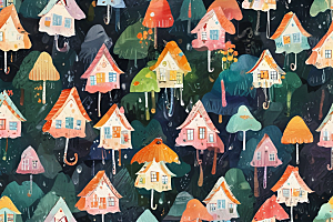 梦幻蘑菇村：彩色房子与伞树的奇妙世界图片