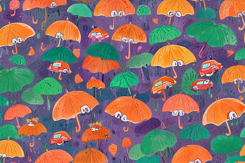 画中雨伞和汽车在下雨天的互动图片