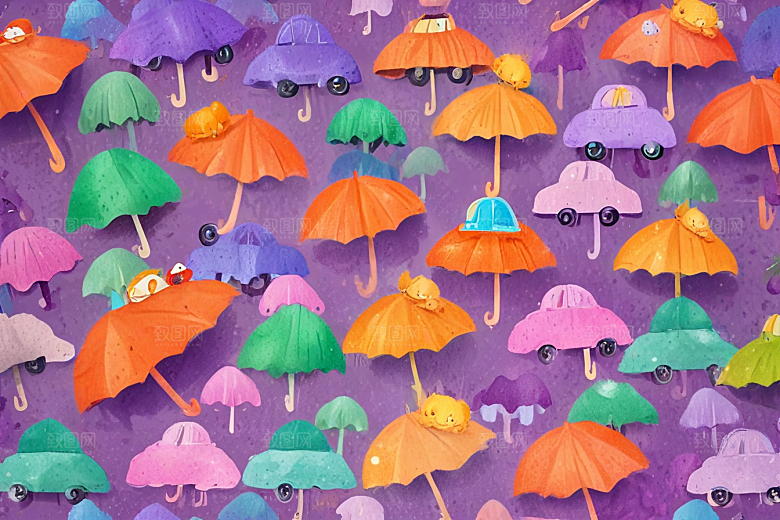 画中雨伞和汽车在下雨天的互动图片