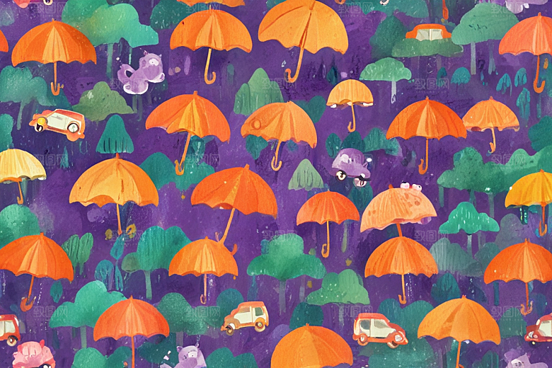 画中雨伞和汽车在下雨天的互动图片