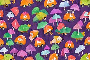 画中雨伞和汽车在下雨天的互动图片