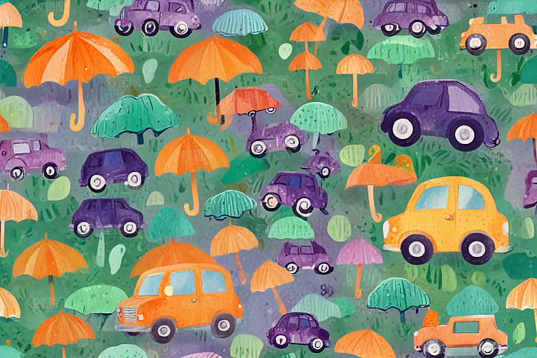 画中雨伞和汽车在下雨天的互动图片