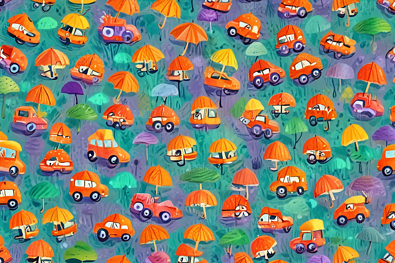 画中雨伞和汽车在下雨天的互动图片