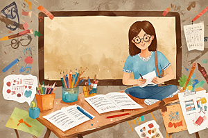 温馨插画：戴眼镜的女士在书房打电话图片