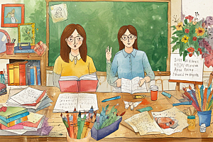温馨插画：戴眼镜的女士在书房打电话图片