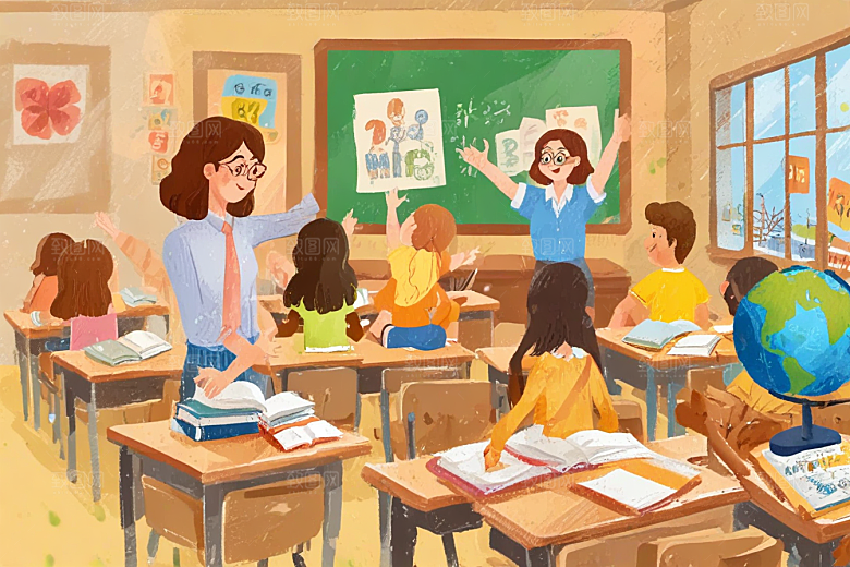 图中描绘了一幅小学课堂认真学习的场景