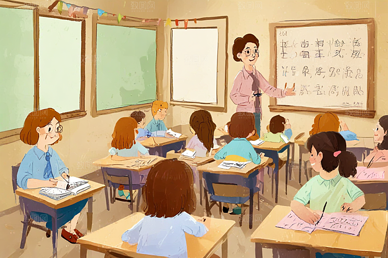 图中描绘了一幅小学课堂认真学习的场景